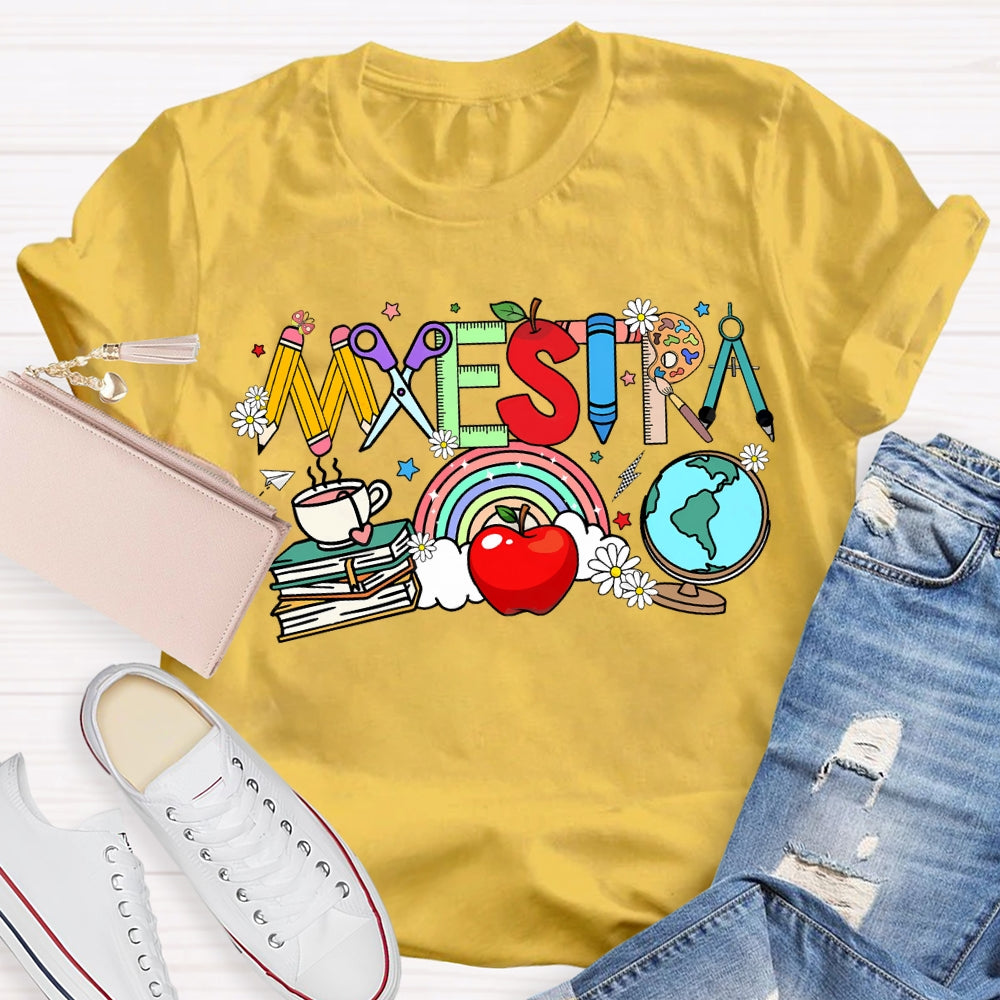 Maestra Colorful Fonts And Apples Bilingual Teacher T-shirt