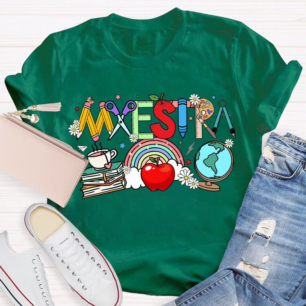 Maestra Colorful Fonts And Apples Bilingual Teacher T-shirt