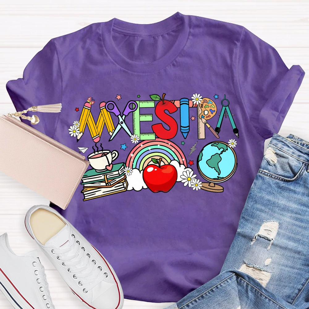 Maestra Colorful Fonts And Apples Bilingual Teacher T-shirt
