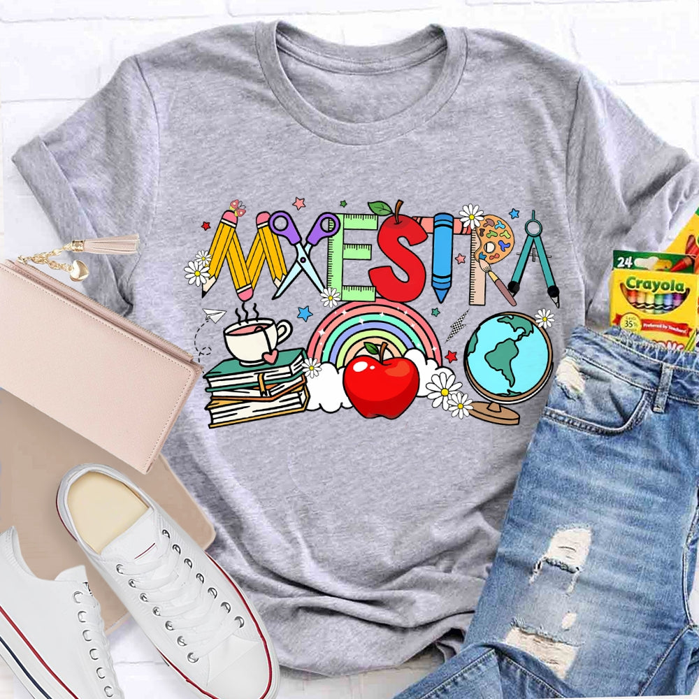 Maestra Colorful Fonts And Apples Bilingual Teacher T-shirt