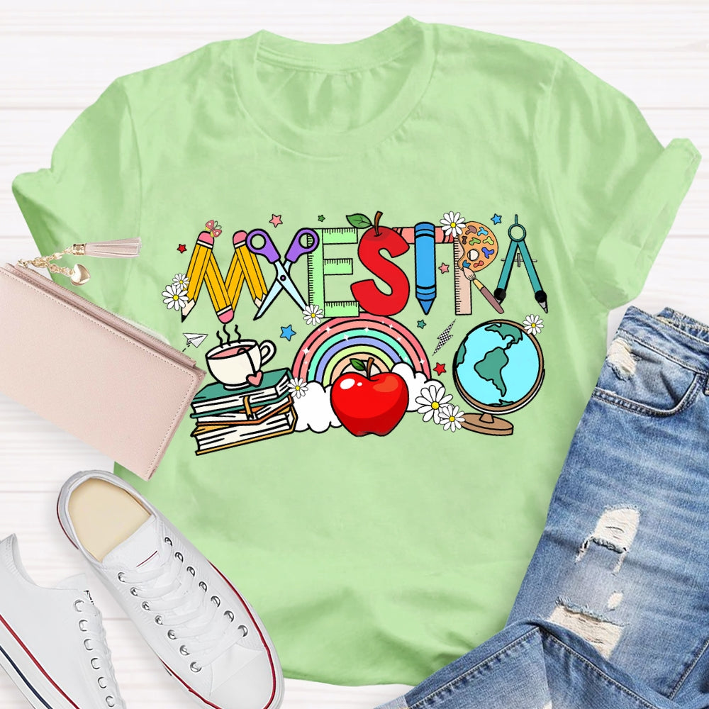 Maestra Colorful Fonts And Apples Bilingual Teacher T-shirt