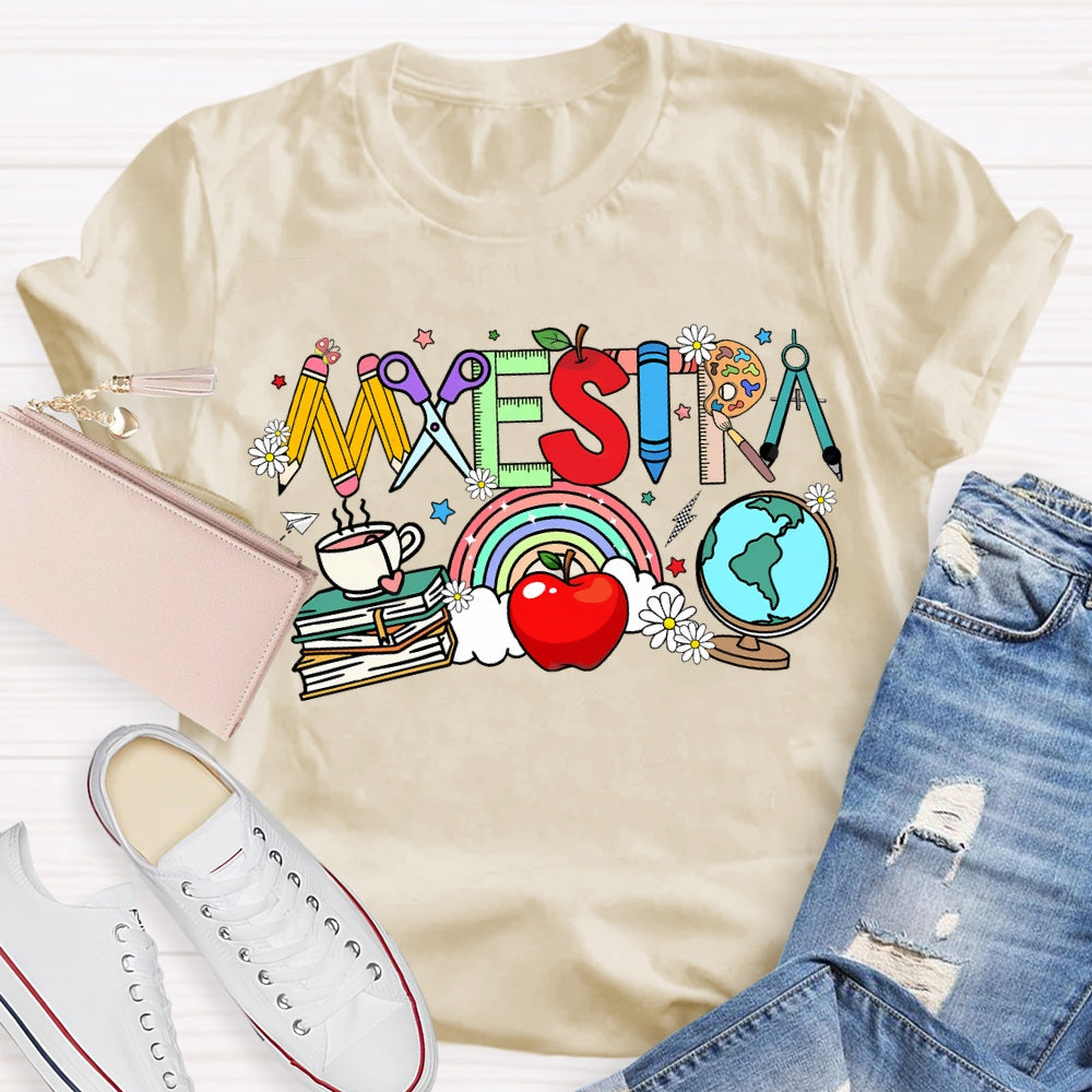 Maestra Colorful Fonts And Apples Bilingual Teacher T-shirt