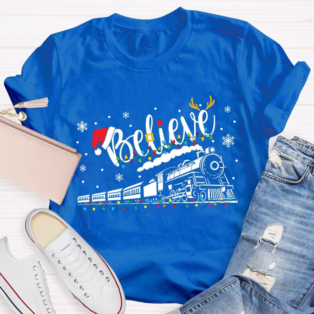 Believe Christmas Lights Train Snowflakes T-shirt