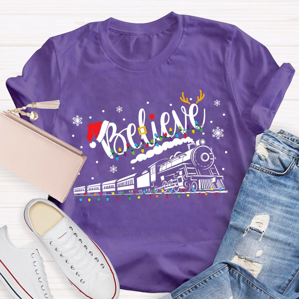 Believe Christmas Lights Train Snowflakes T-shirt