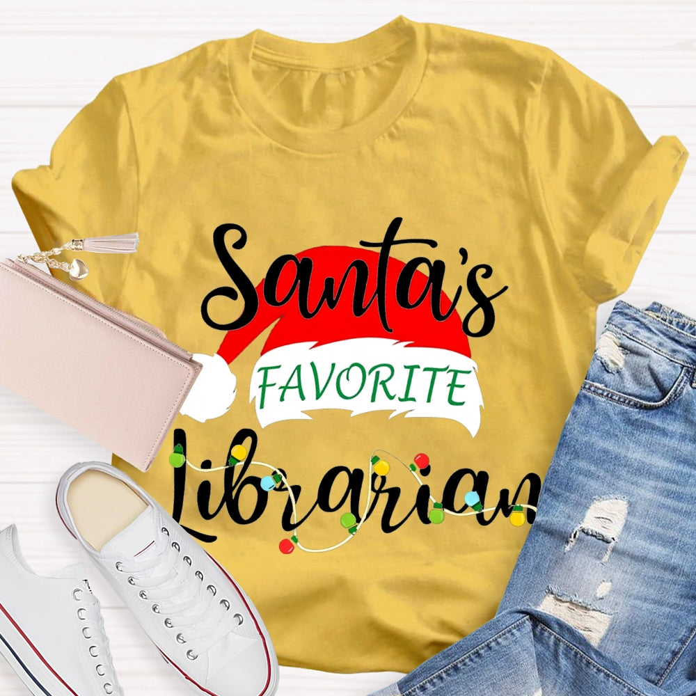 Santa'S Favorite Librarian Santa Hats And Christmas Lights T-shirt