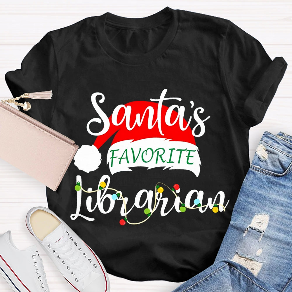 Santa'S Favorite Librarian Santa Hats And Christmas Lights T-shirt