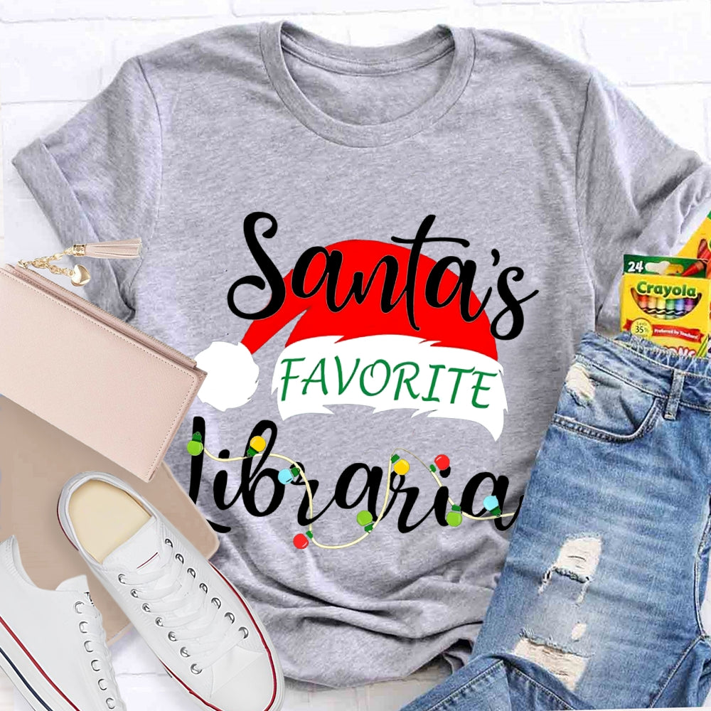 Santa'S Favorite Librarian Santa Hats And Christmas Lights T-shirt
