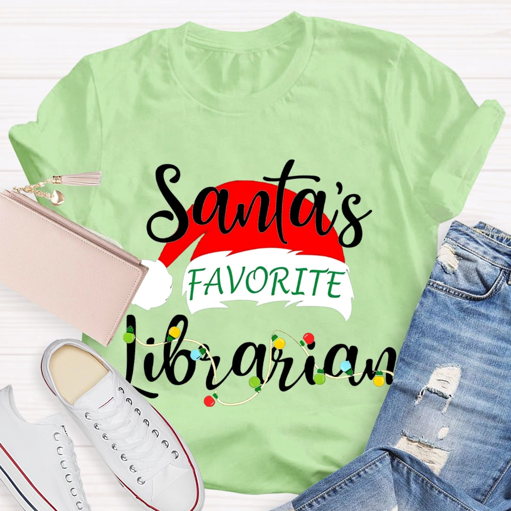 Santa'S Favorite Librarian Santa Hats And Christmas Lights T-shirt