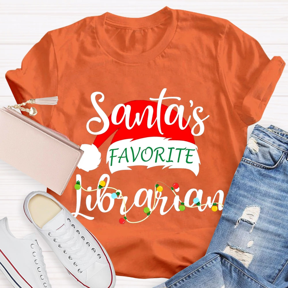 Santa'S Favorite Librarian Santa Hats And Christmas Lights T-shirt