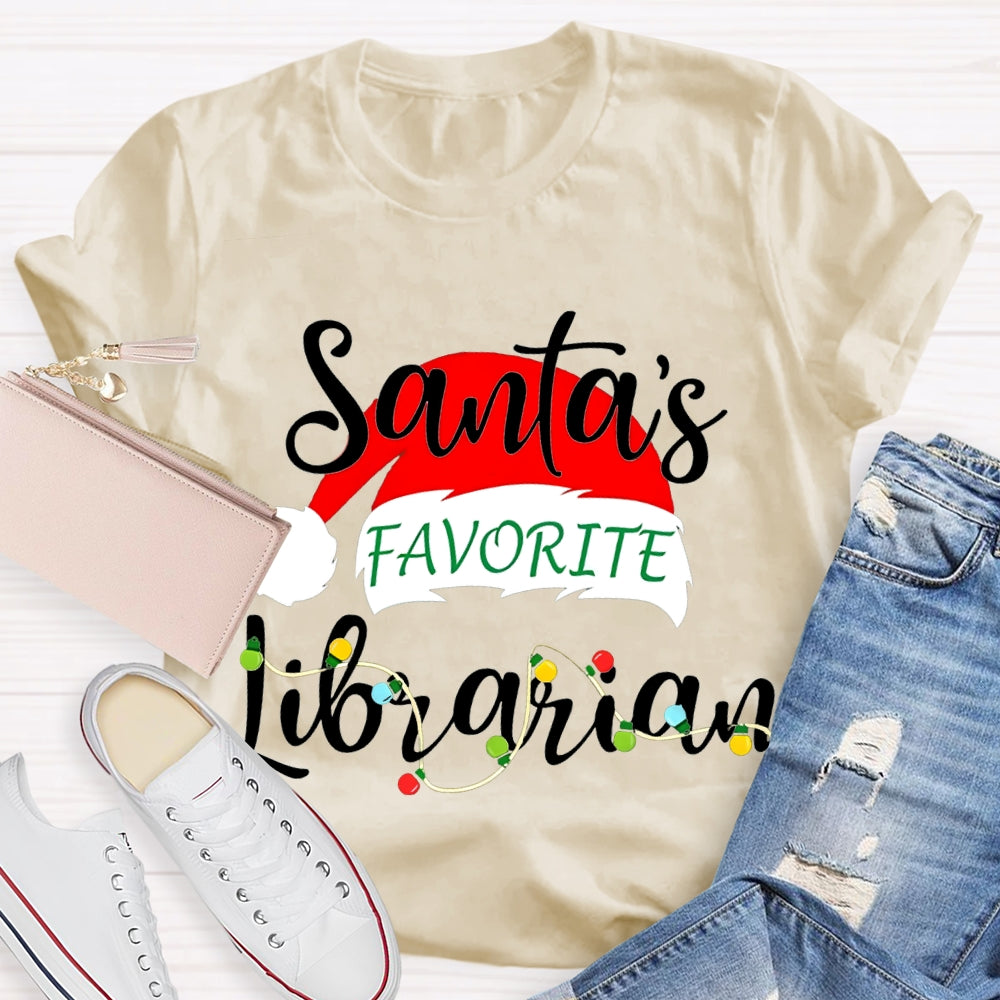 Santa'S Favorite Librarian Santa Hats And Christmas Lights T-shirt