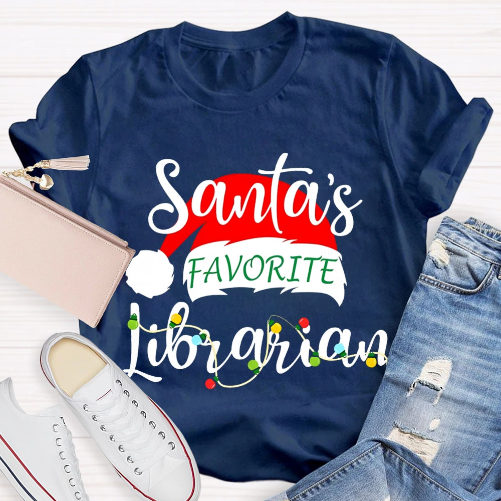 Santa'S Favorite Librarian Santa Hats And Christmas Lights T-shirt