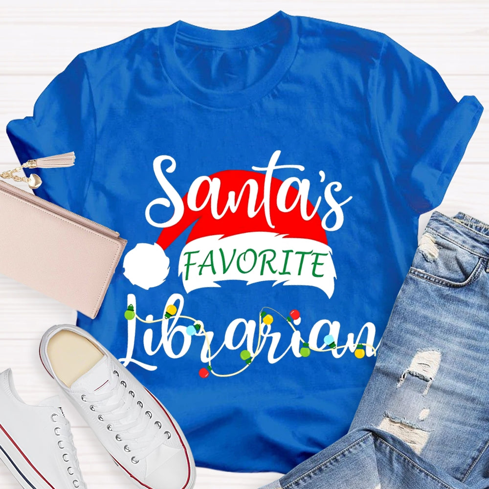 Santa'S Favorite Librarian Santa Hats And Christmas Lights T-shirt