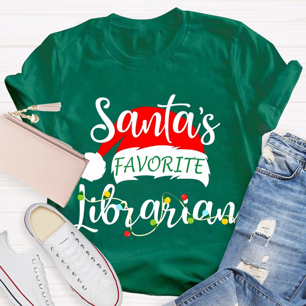 Santa'S Favorite Librarian Santa Hats And Christmas Lights T-shirt