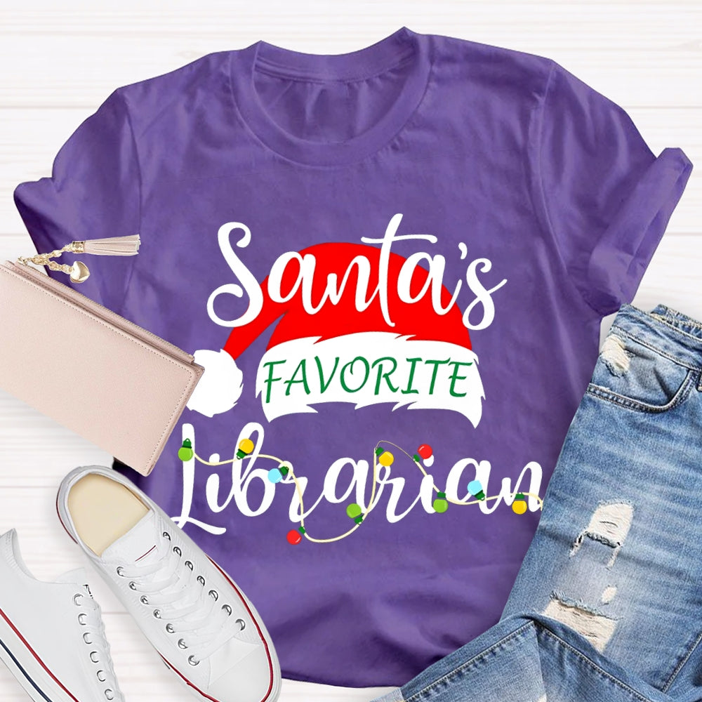 Santa'S Favorite Librarian Santa Hats And Christmas Lights T-shirt