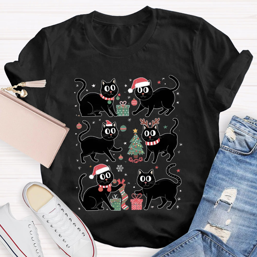 Christmas Black Cat Snowflakes And Christmas Tree T-shirt