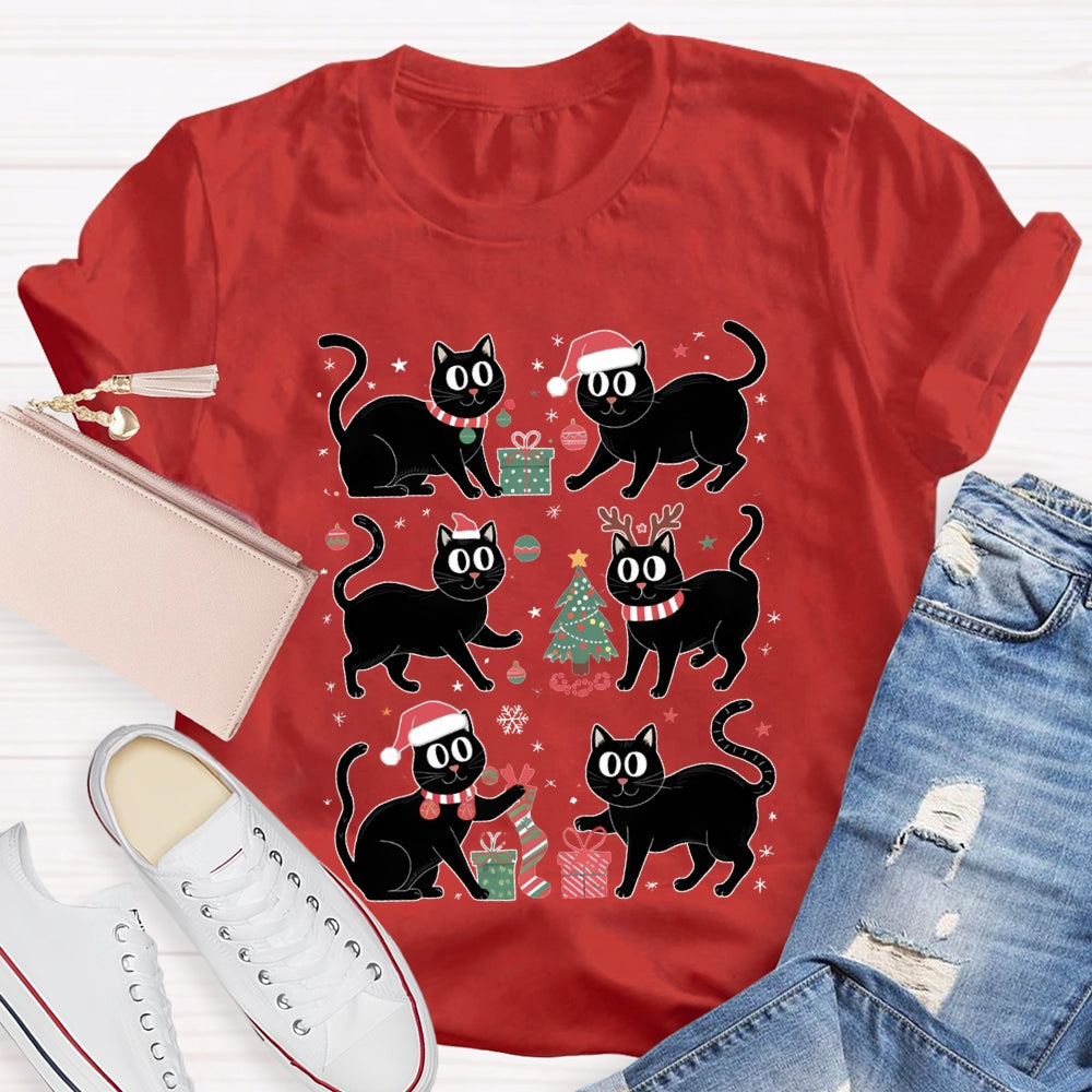 Christmas Black Cat Snowflakes And Christmas Tree T-shirt