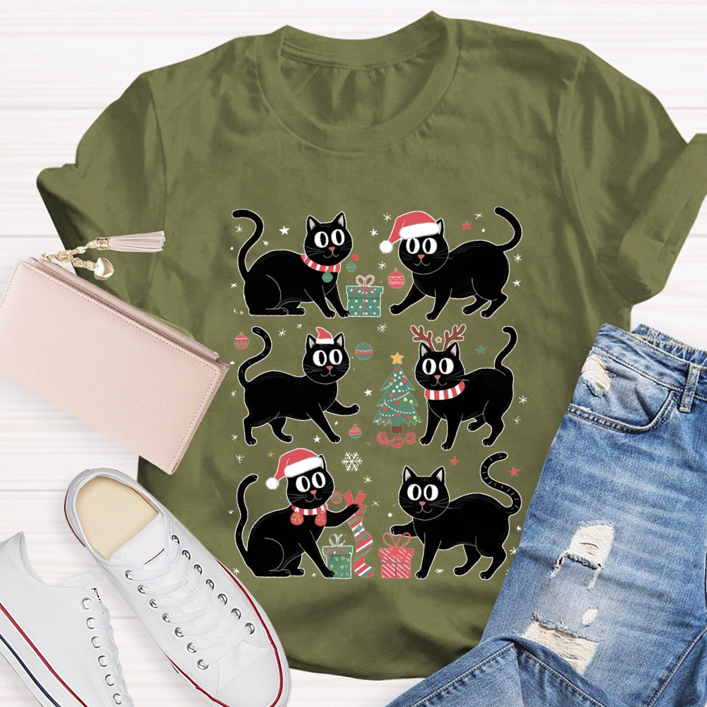 Christmas Black Cat Snowflakes And Christmas Tree T-shirt