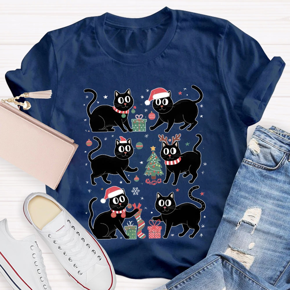 Christmas Black Cat Snowflakes And Christmas Tree T-shirt