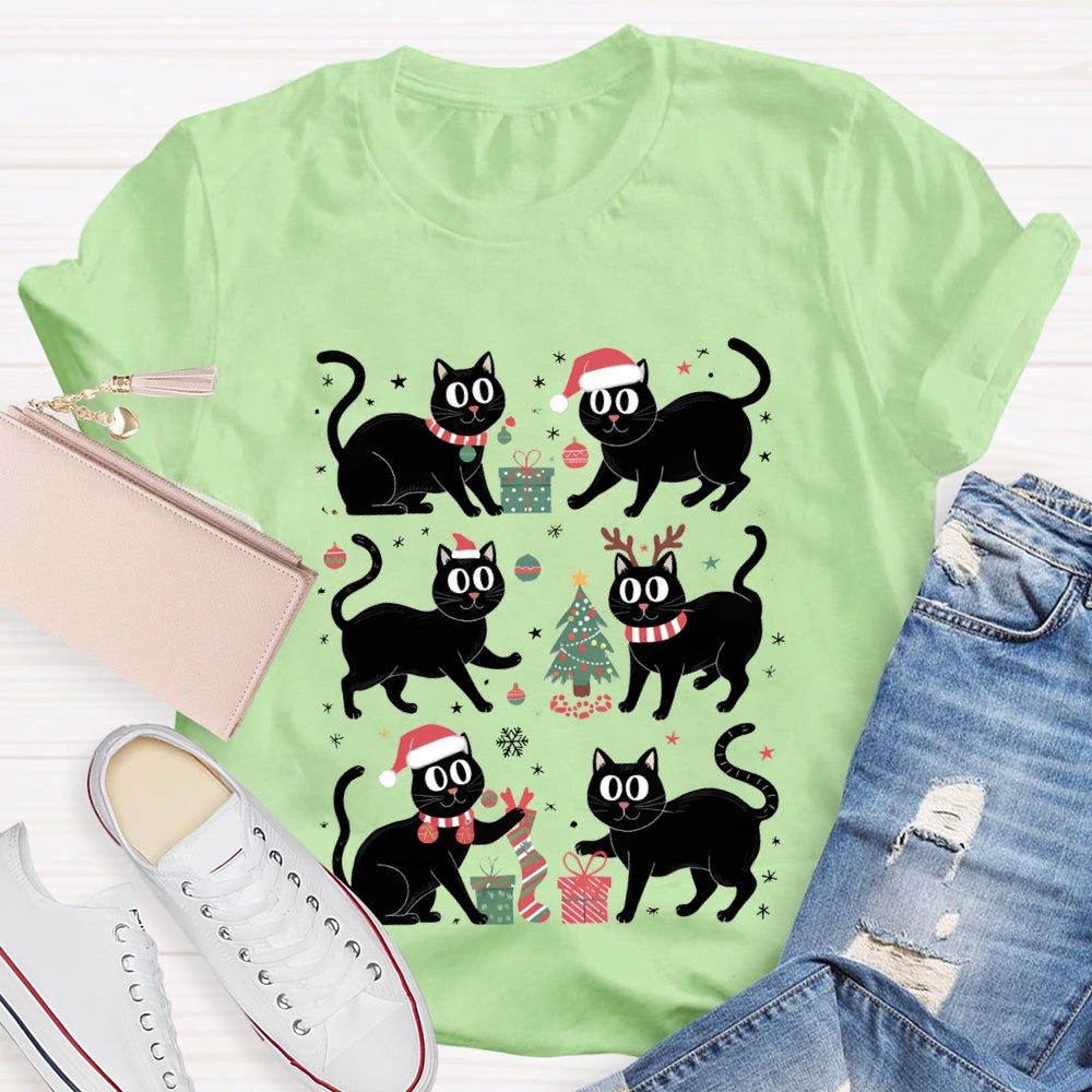 Christmas Black Cat Snowflakes And Christmas Tree T-shirt