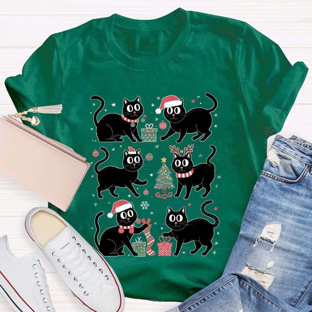 Christmas Black Cat Snowflakes And Christmas Tree T-shirt