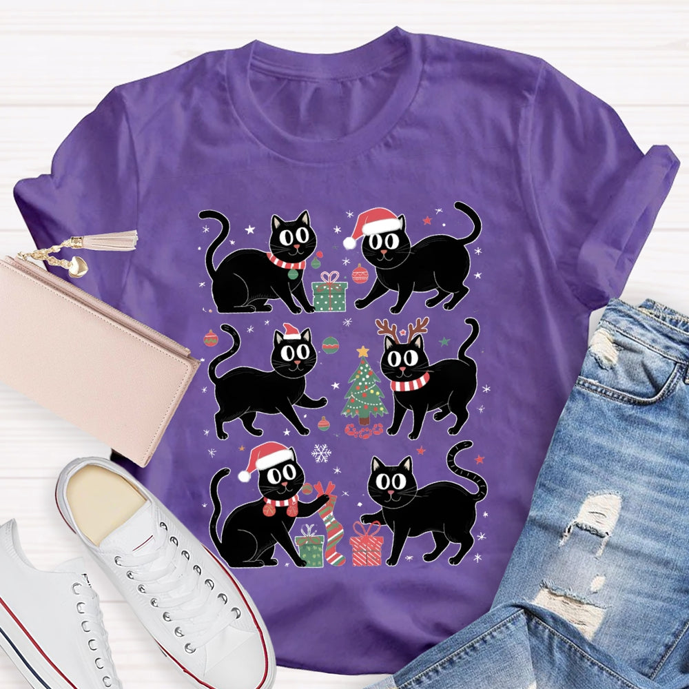 Christmas Black Cat Snowflakes And Christmas Tree T-shirt