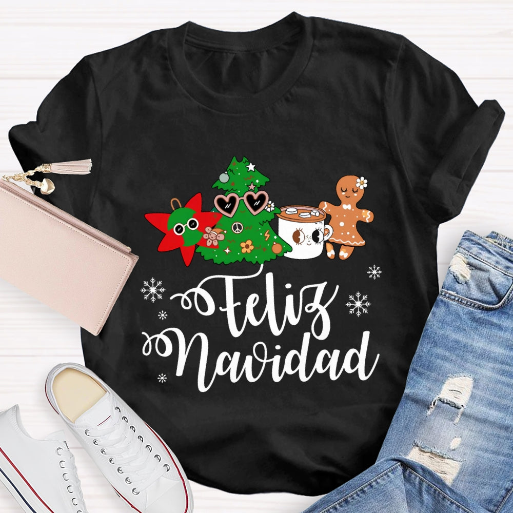Feliz Navidad Snowflakes And Christmas Trees Bilingual Teacher T-shirt
