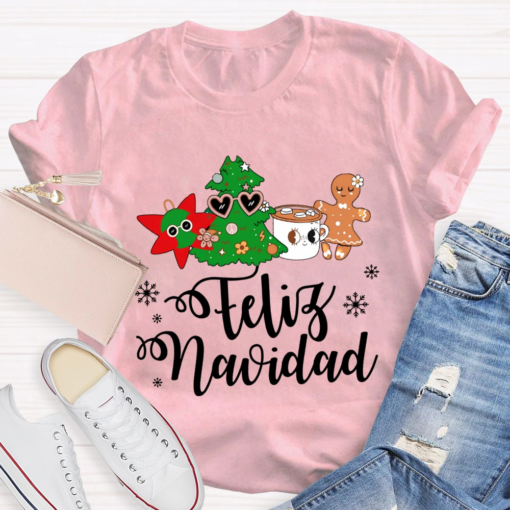 Feliz Navidad Snowflakes And Christmas Trees Bilingual Teacher T-shirt