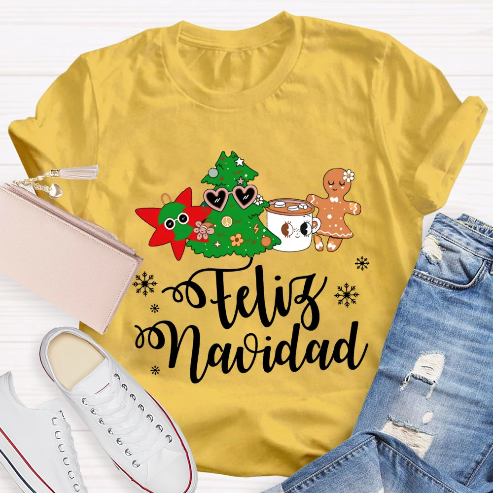 Feliz Navidad Snowflakes And Christmas Trees Bilingual Teacher T-shirt