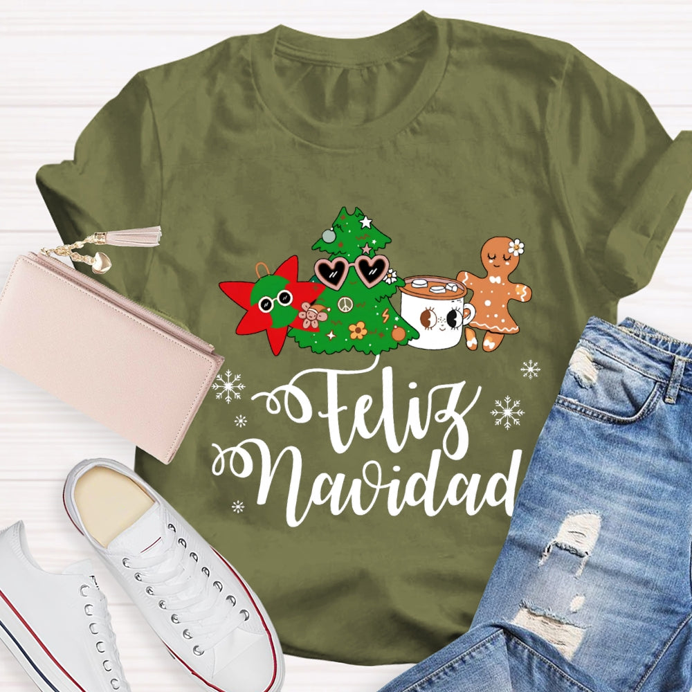 Feliz Navidad Snowflakes And Christmas Trees Bilingual Teacher T-shirt