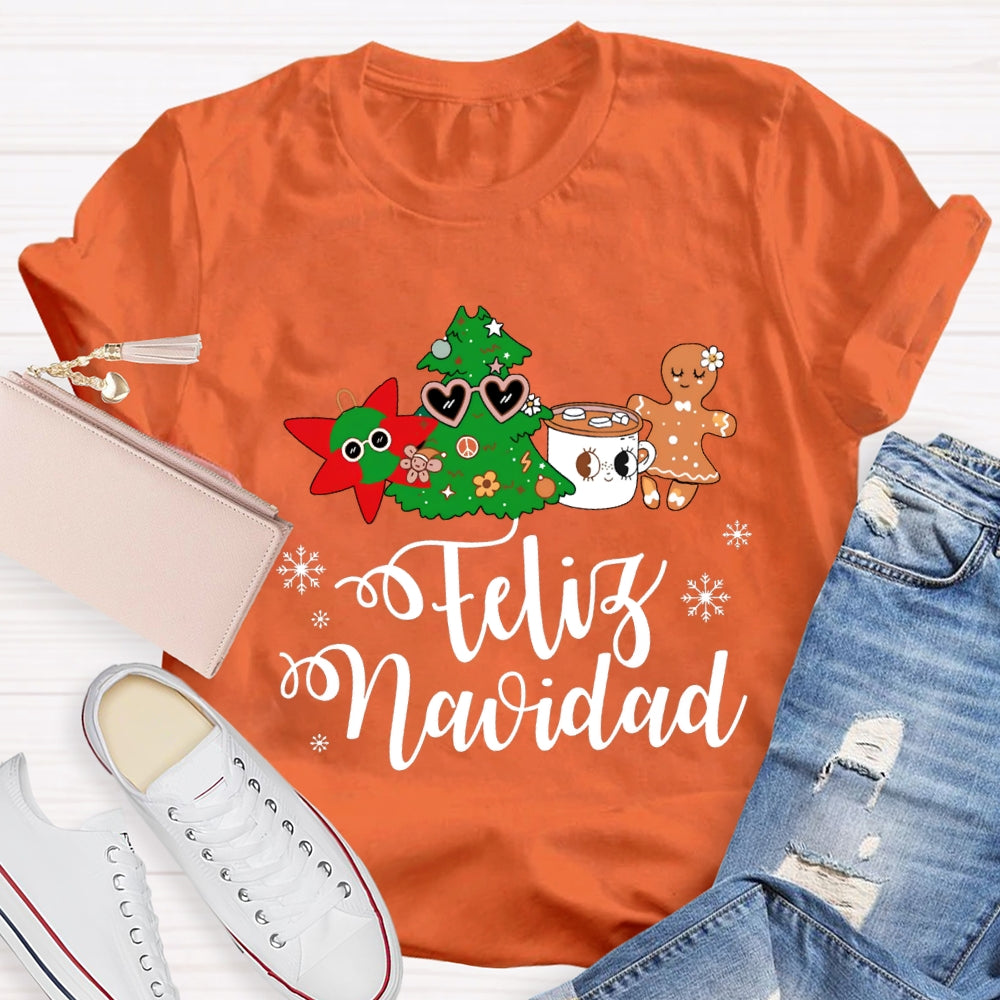 Feliz Navidad Snowflakes And Christmas Trees Bilingual Teacher T-shirt