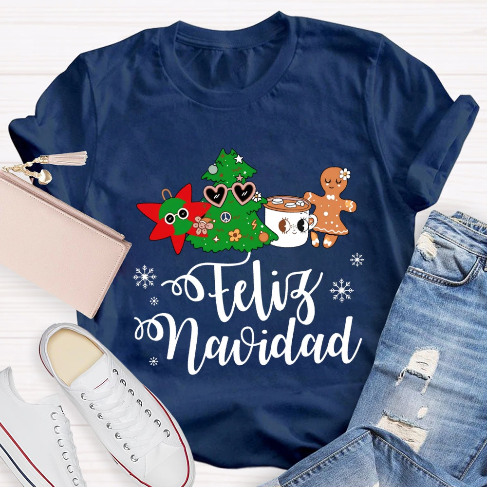 Feliz Navidad Snowflakes And Christmas Trees Bilingual Teacher T-shirt