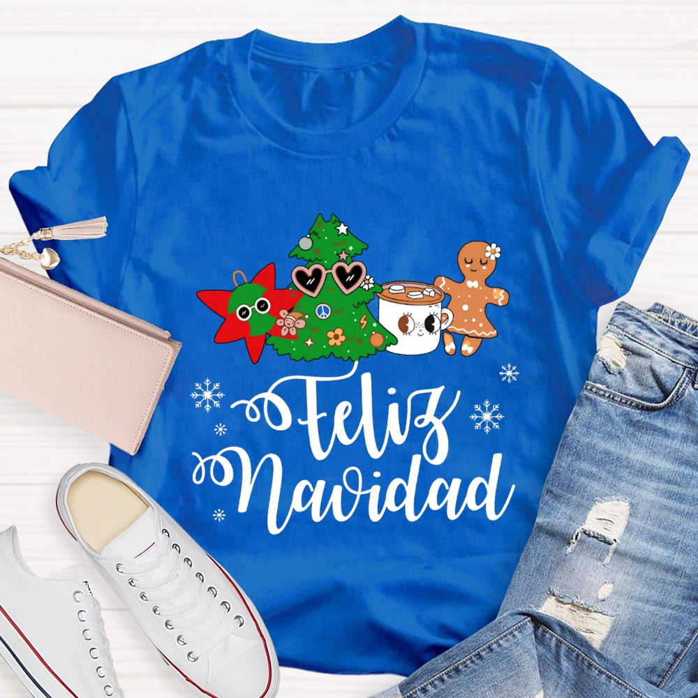 Feliz Navidad Snowflakes And Christmas Trees Bilingual Teacher T-shirt
