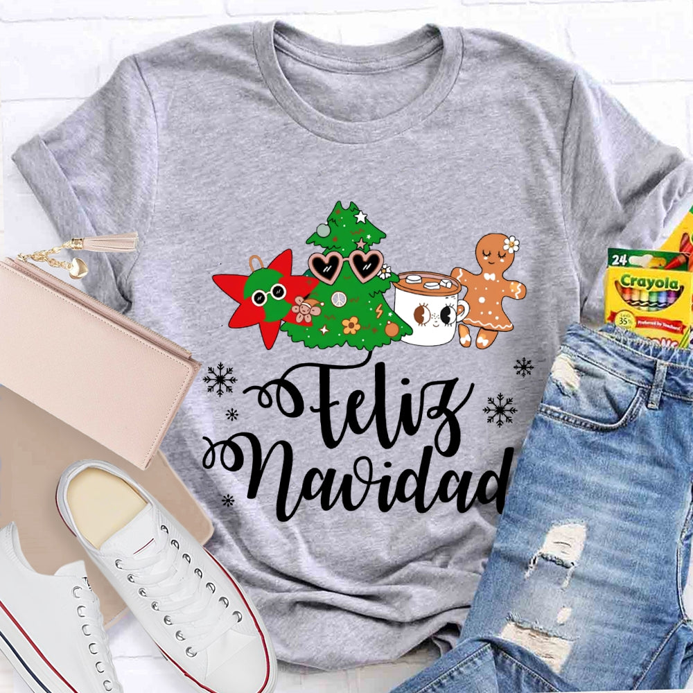 Feliz Navidad Snowflakes And Christmas Trees Bilingual Teacher T-shirt