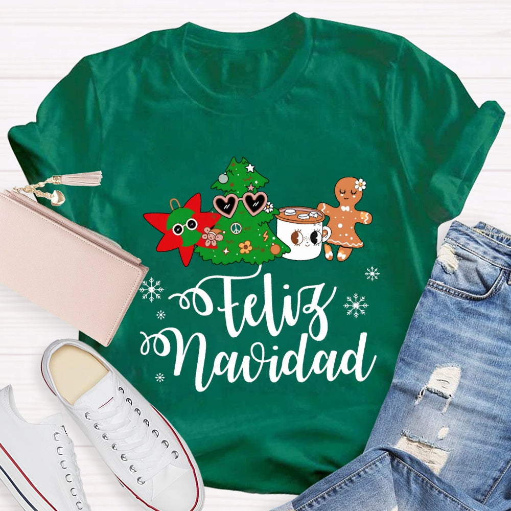 Feliz Navidad Snowflakes And Christmas Trees Bilingual Teacher T-shirt