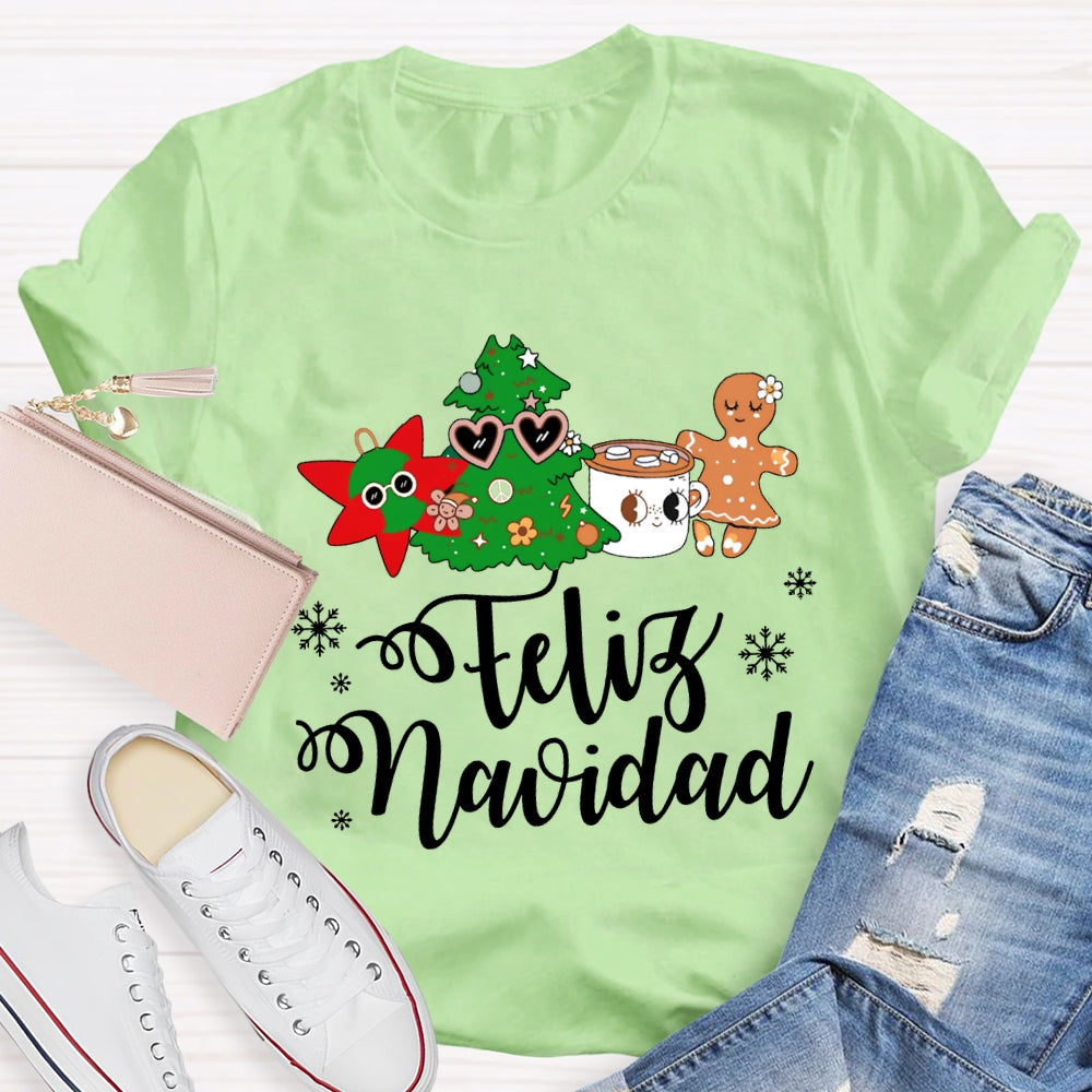 Feliz Navidad Snowflakes And Christmas Trees Bilingual Teacher T-shirt