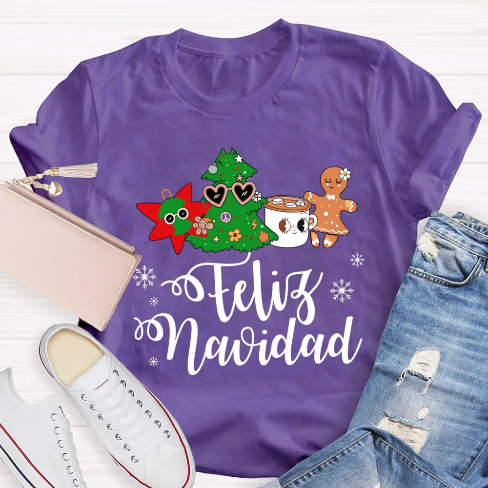 Feliz Navidad Snowflakes And Christmas Trees Bilingual Teacher T-shirt