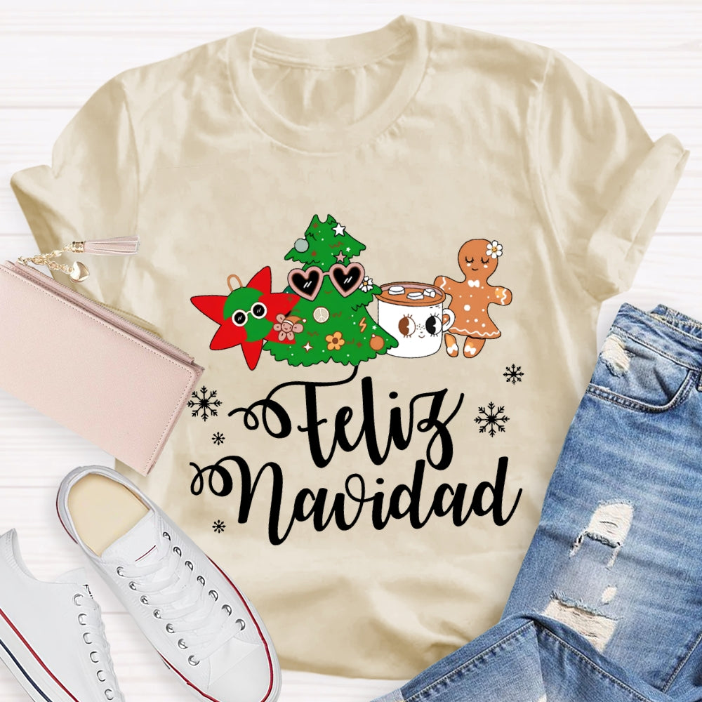 Feliz Navidad Snowflakes And Christmas Trees Bilingual Teacher T-shirt