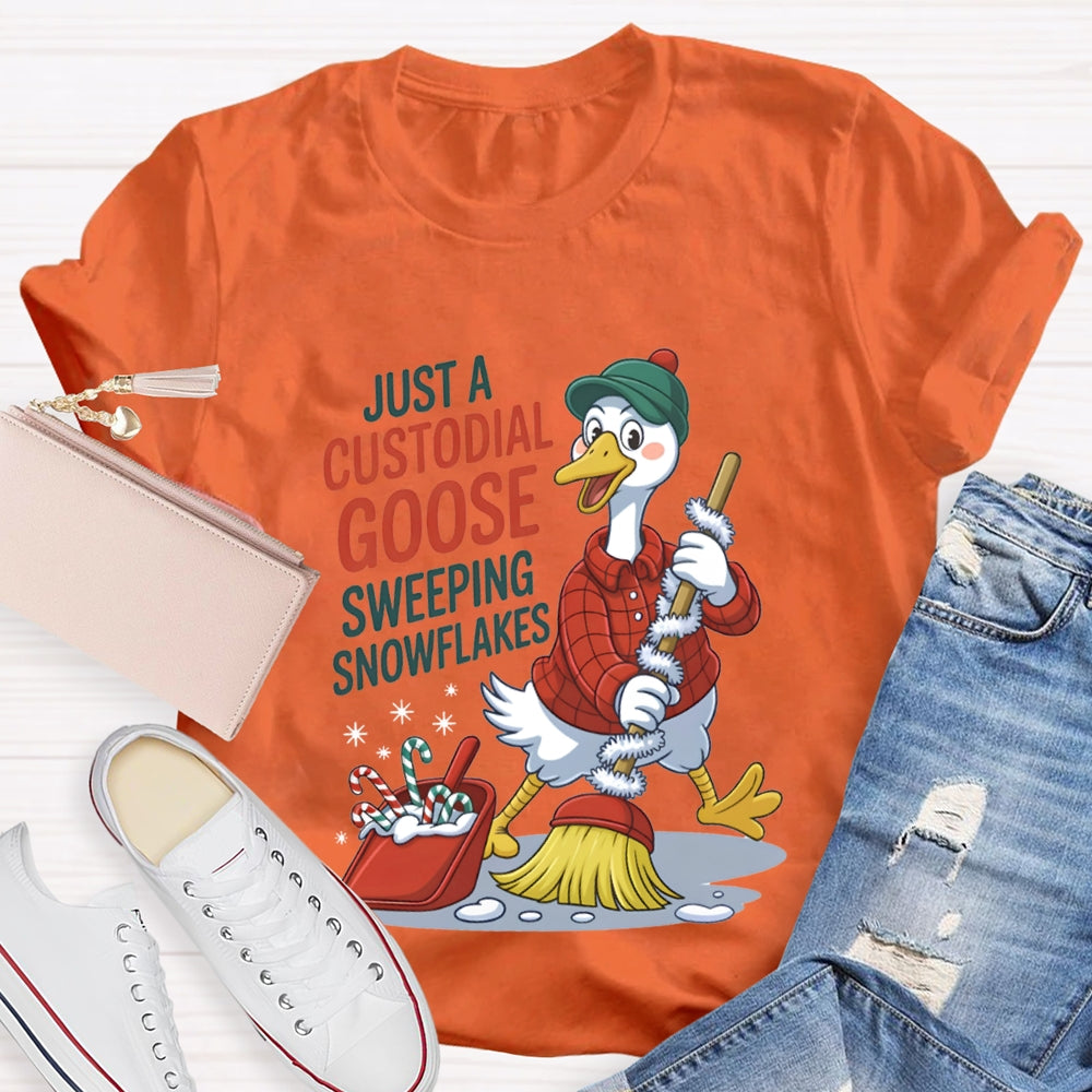 Just A Custodial Goose Sweeping Snowflakes School Custodian Christmas T-shirt