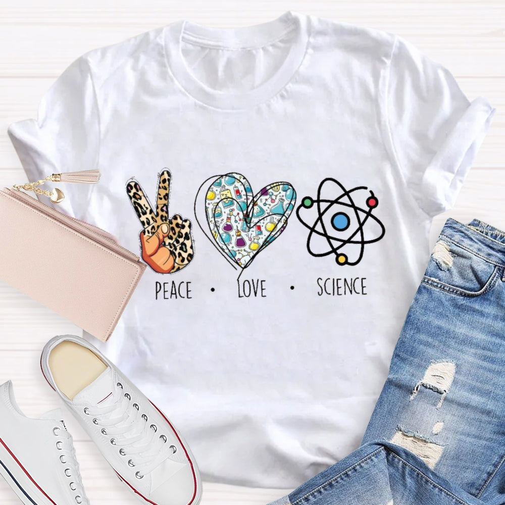 Peace Love Science Leopard Print Handprints And Colorful Hearts T-shirt