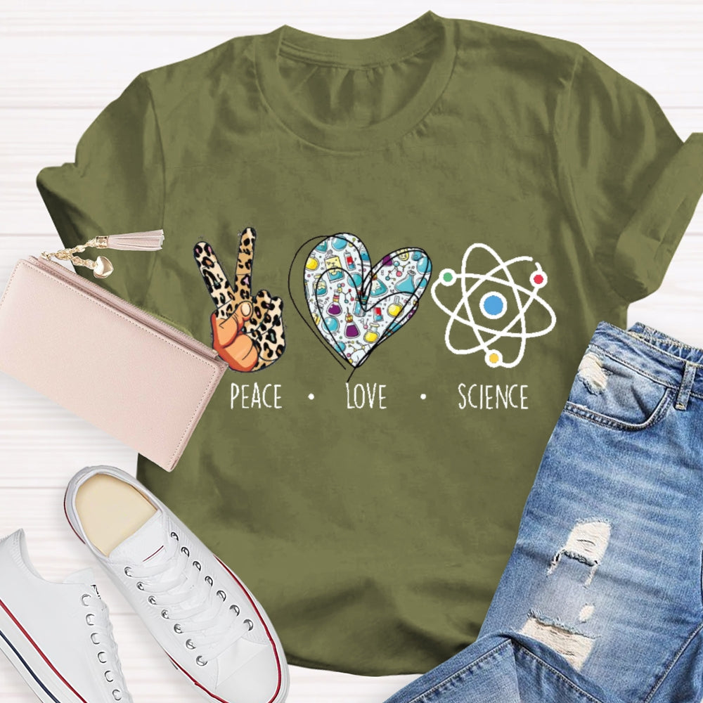 Peace Love Science Leopard Print Handprints And Colorful Hearts T-shirt