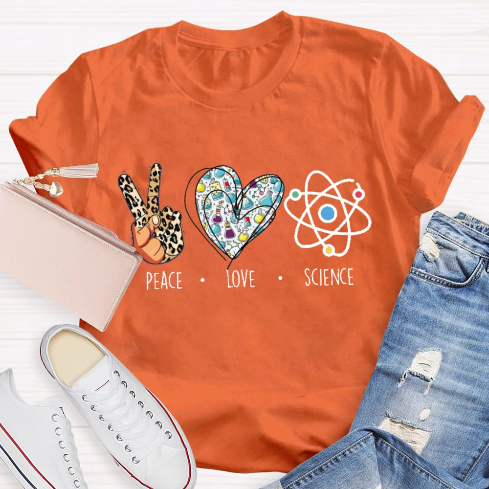 Peace Love Science Leopard Print Handprints And Colorful Hearts T-shirt