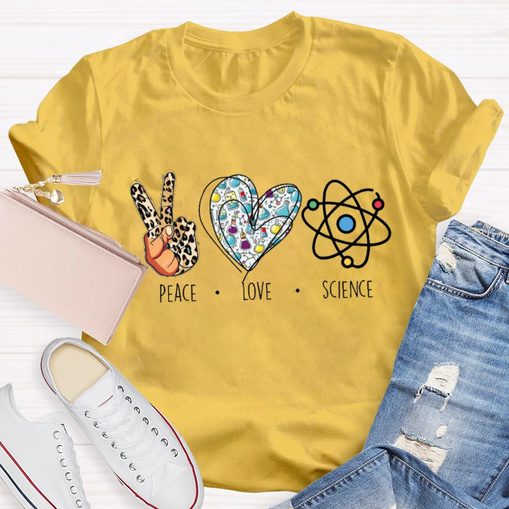 Peace Love Science Leopard Print Handprints And Colorful Hearts T-shirt