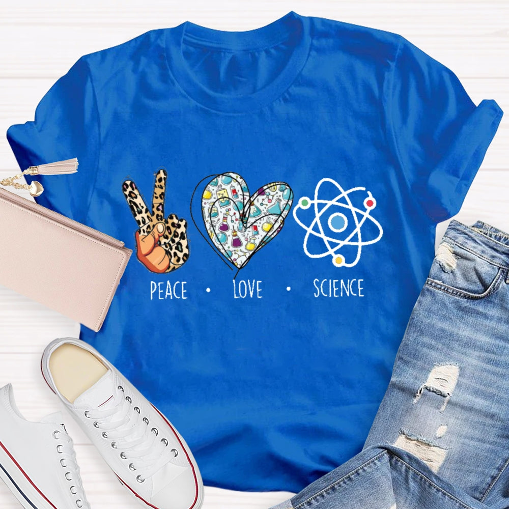 Peace Love Science Leopard Print Handprints And Colorful Hearts T-shirt