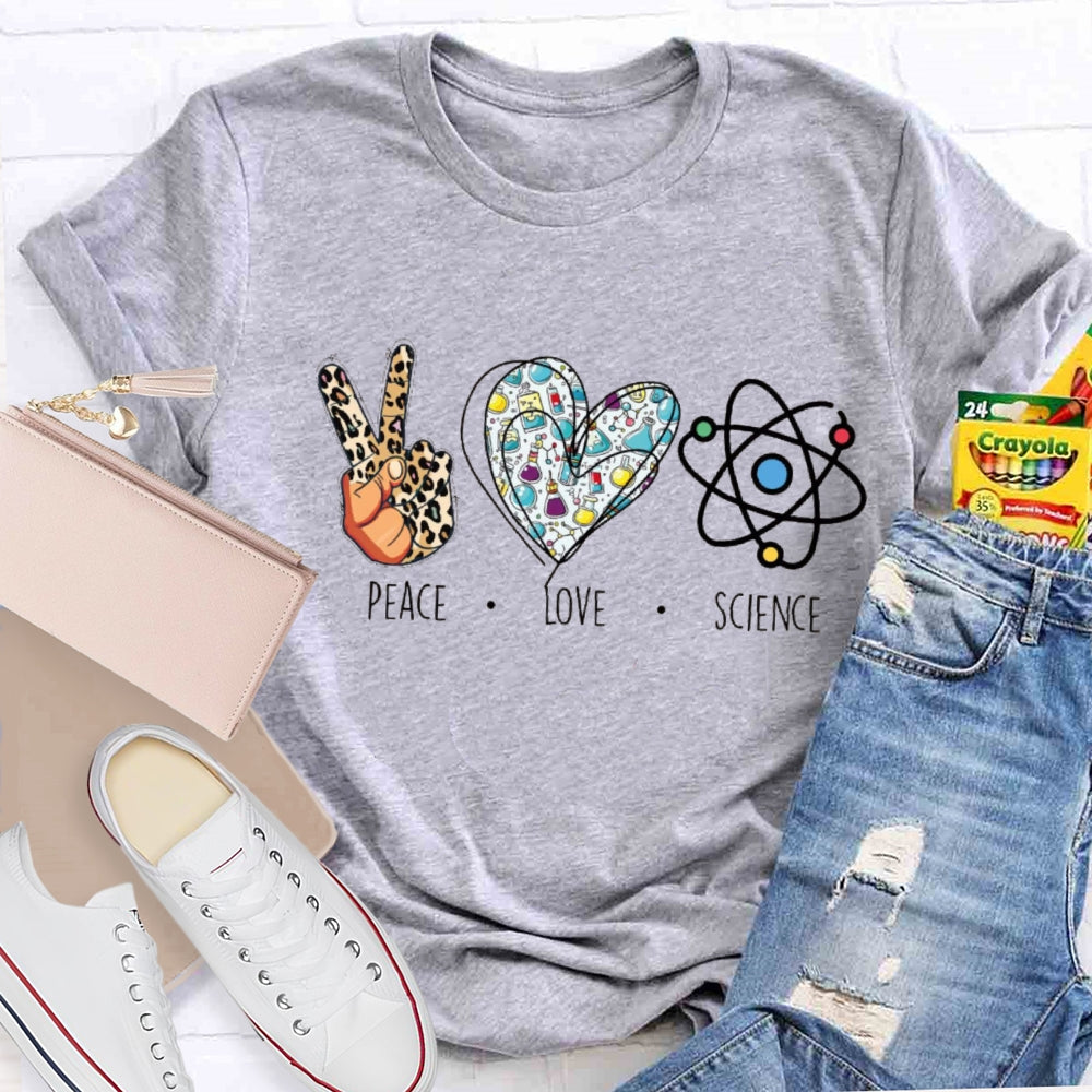 Peace Love Science Leopard Print Handprints And Colorful Hearts T-shirt
