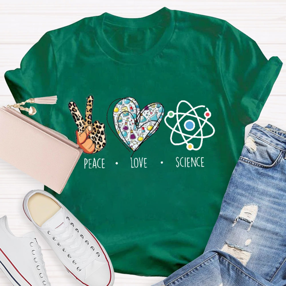Peace Love Science Leopard Print Handprints And Colorful Hearts T-shirt
