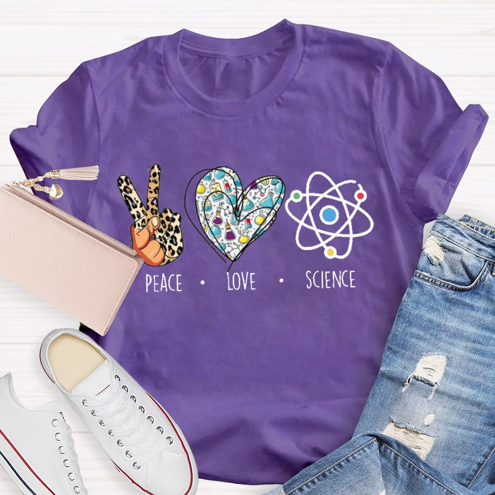 Peace Love Science Leopard Print Handprints And Colorful Hearts T-shirt