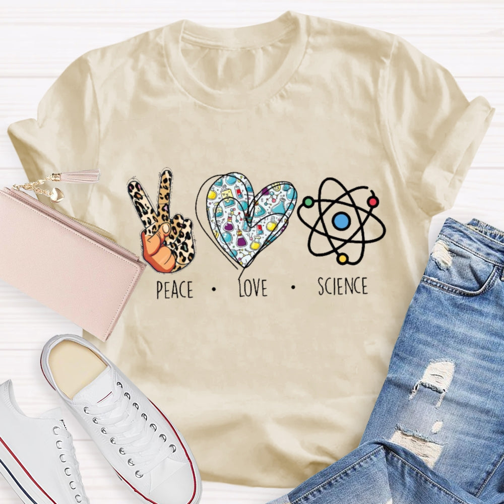 Peace Love Science Leopard Print Handprints And Colorful Hearts T-shirt