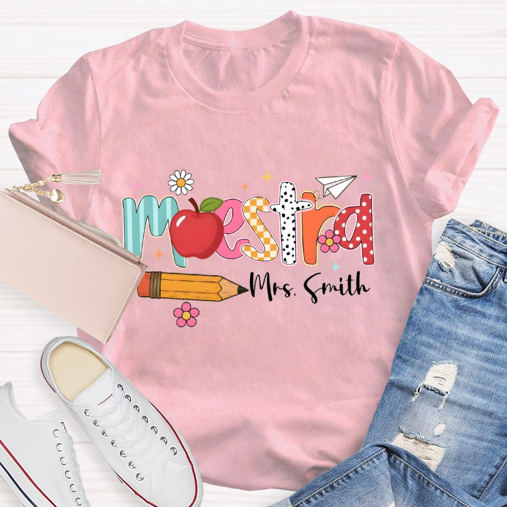 Personalized Name Maestra Apple And Pencil Bilingual Teacher T-shirt
