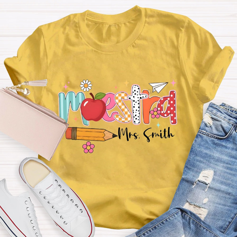 Personalized Name Maestra Apple And Pencil Bilingual Teacher T-shirt