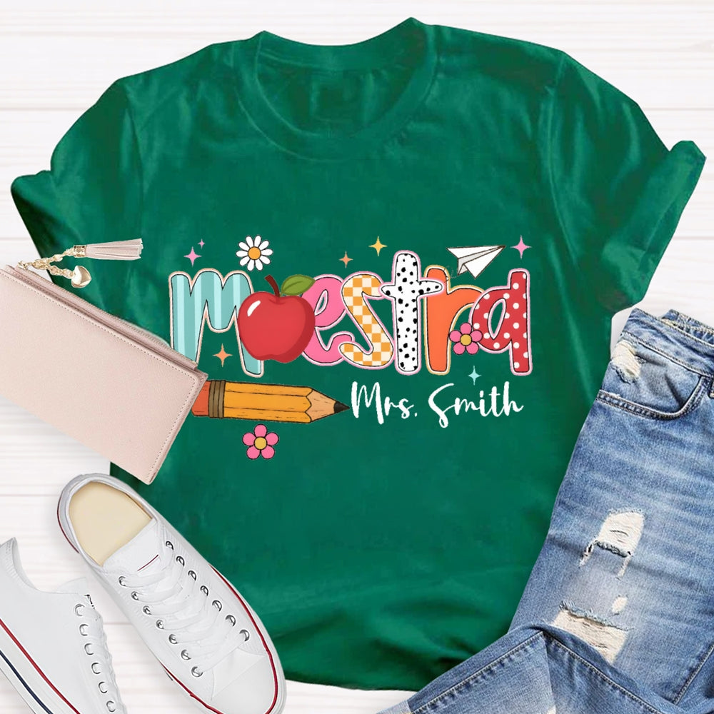 Personalized Name Maestra Apple And Pencil Bilingual Teacher T-shirt
